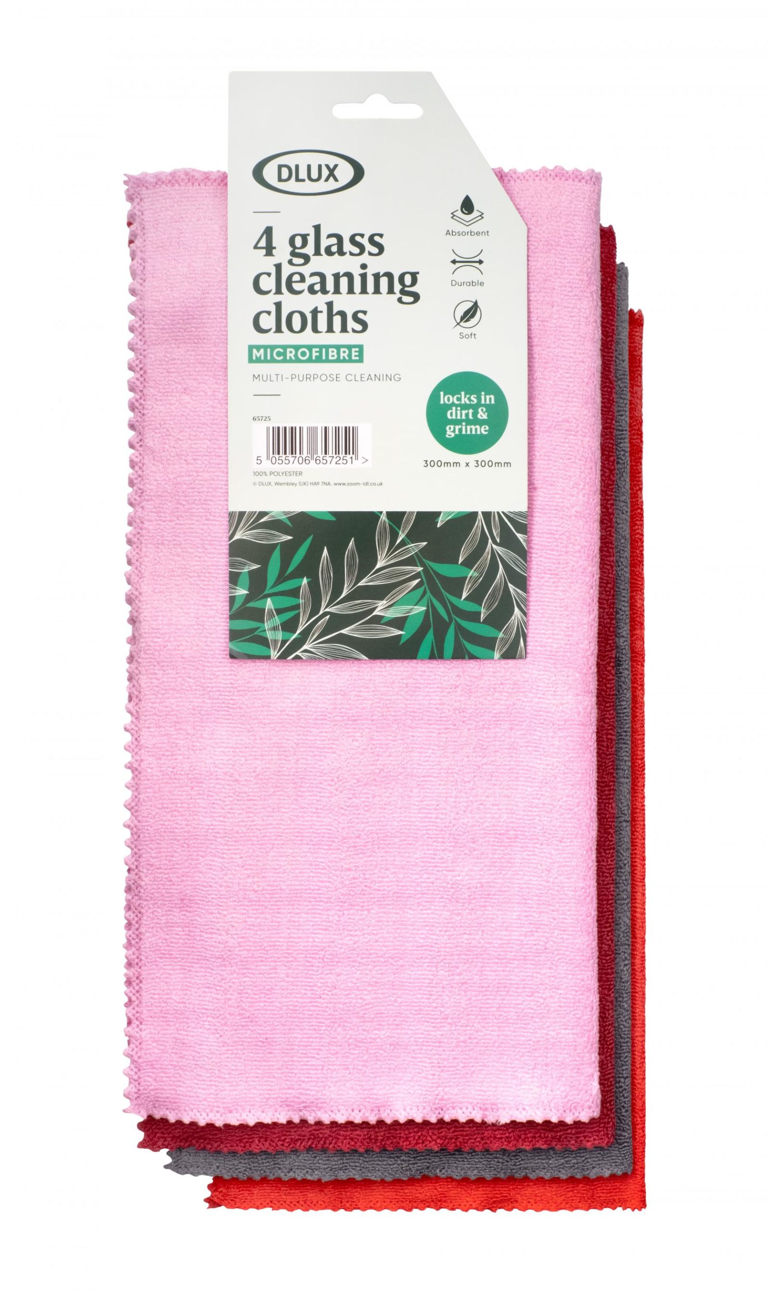 DLUX 4 glass cleaning microfibre cloths, pink, red, grey colours, in packaging