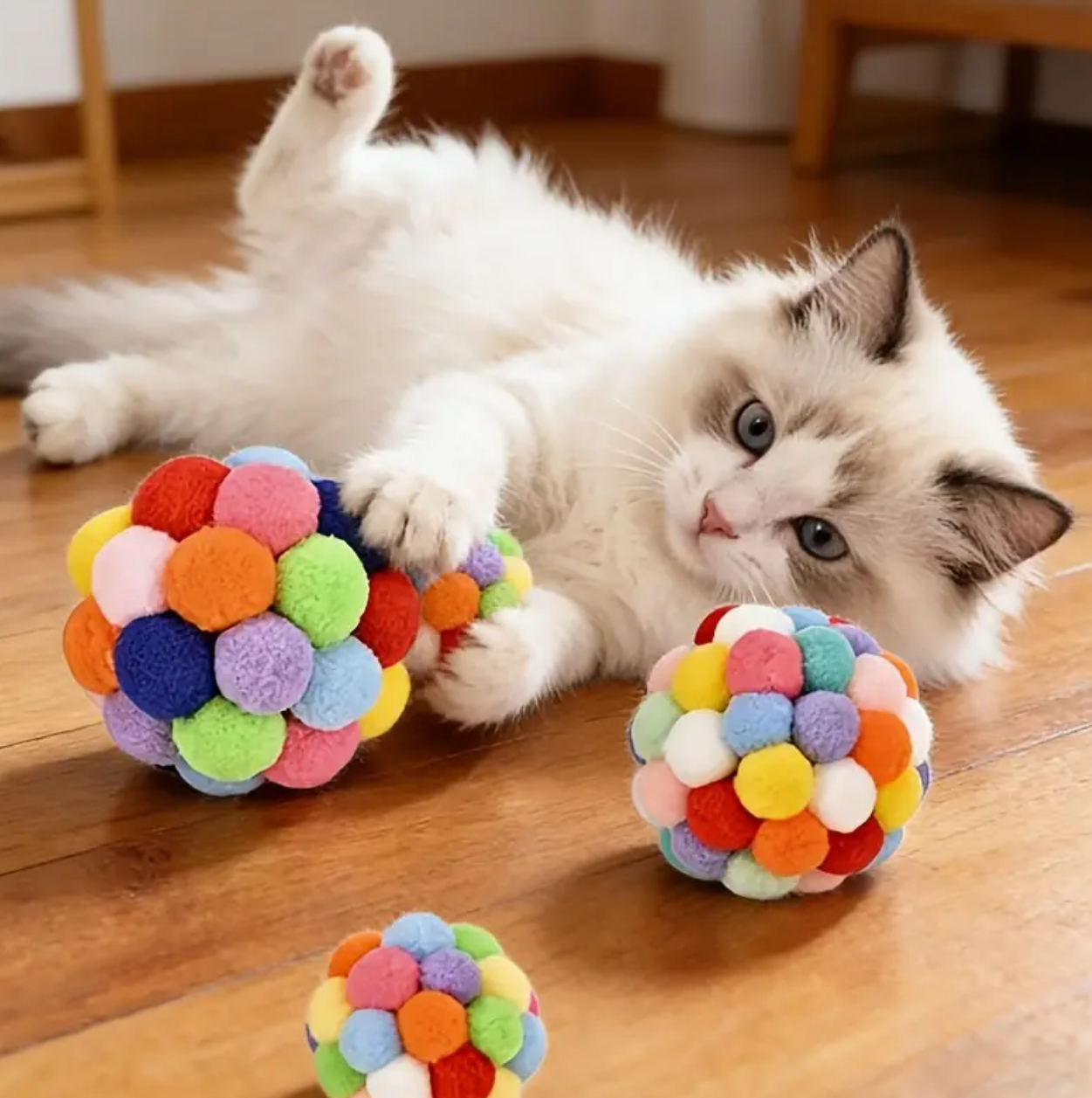 Colourful Pom-Pom Cat Ball Toy with Bell- Set of 2 - Image 3