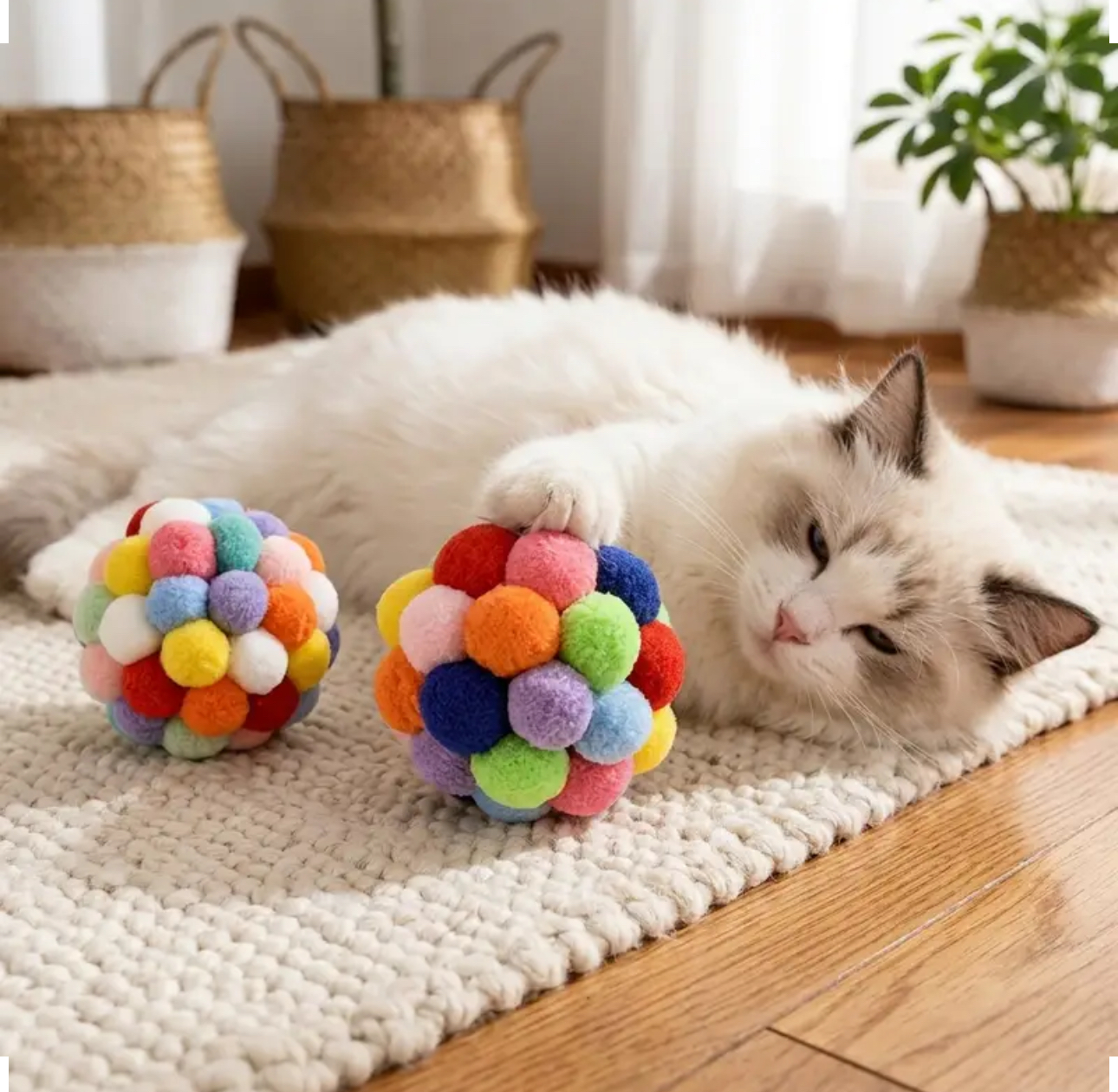 Colourful Pom-Pom Cat Ball Toy with Bell- Set of 2
