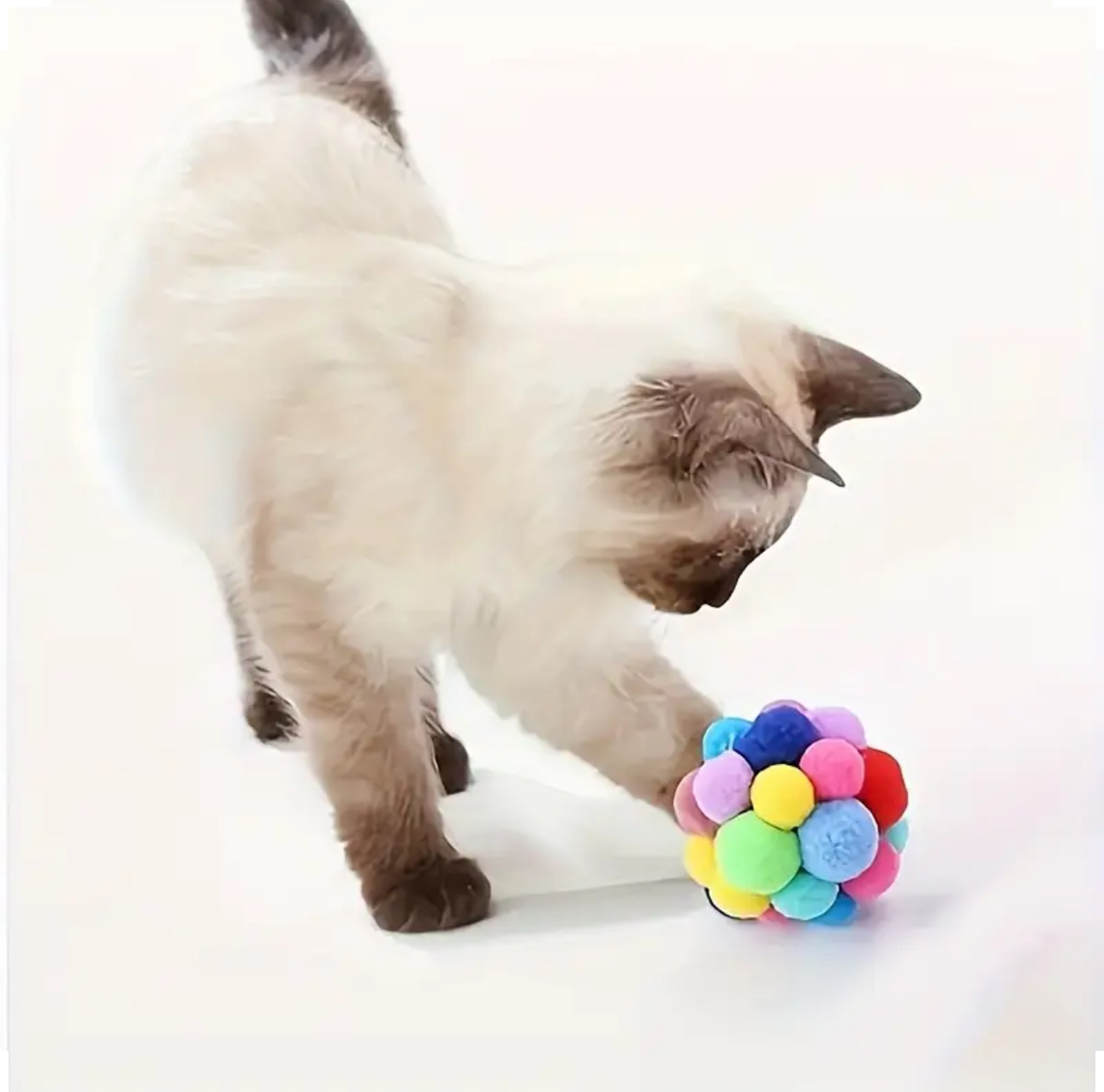Colourful Pom-Pom Cat Ball Toy with Bell- Set of 2 - Image 4