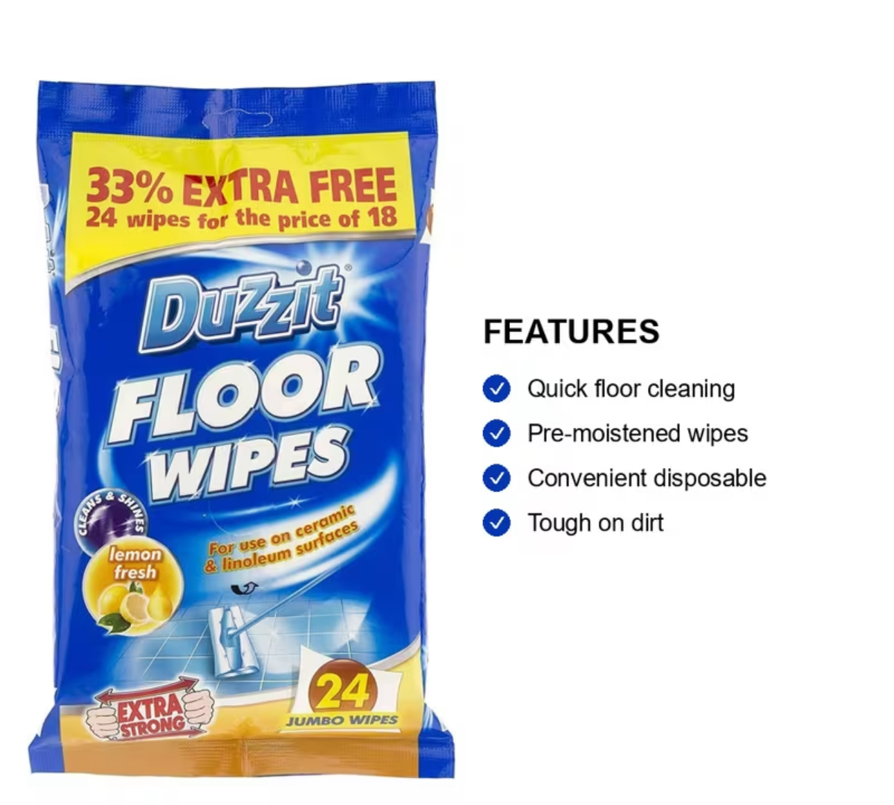Duzzit Lemon Fresh Floor Wipes (24 Jumbo Wipes) - Image 2