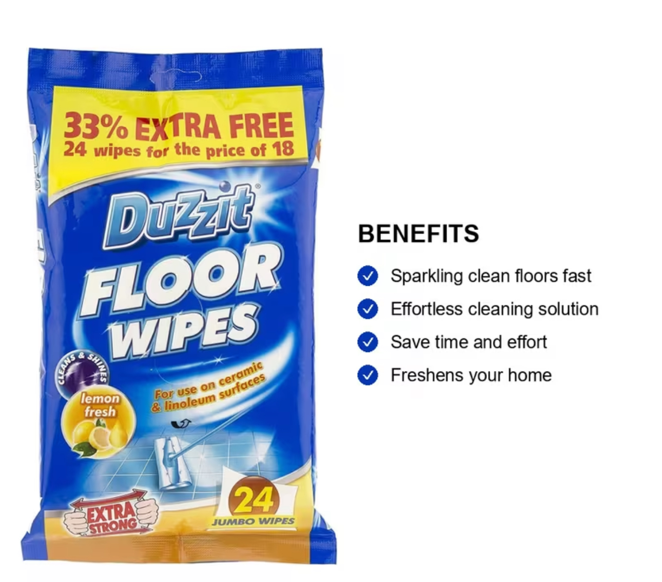 Duzzit Lemon Fresh Floor Wipes (24 Jumbo Wipes) - Image 3
