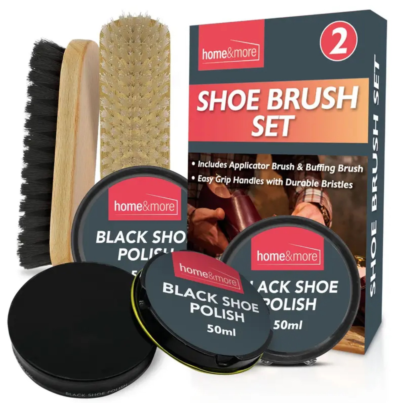 Shoe Brush & Polish Set – 2 Brushes + 2 Black Polish Tins